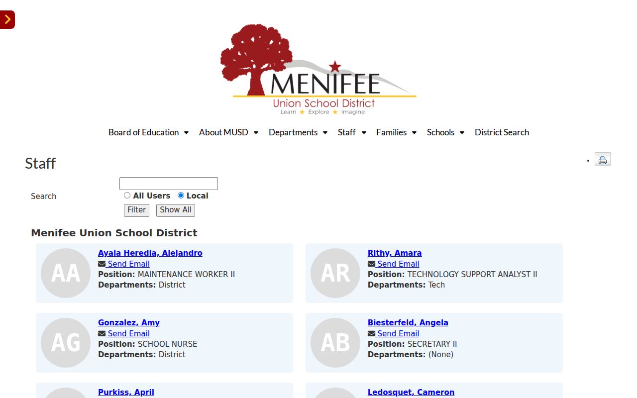 Menifee people directories Union School District staff search