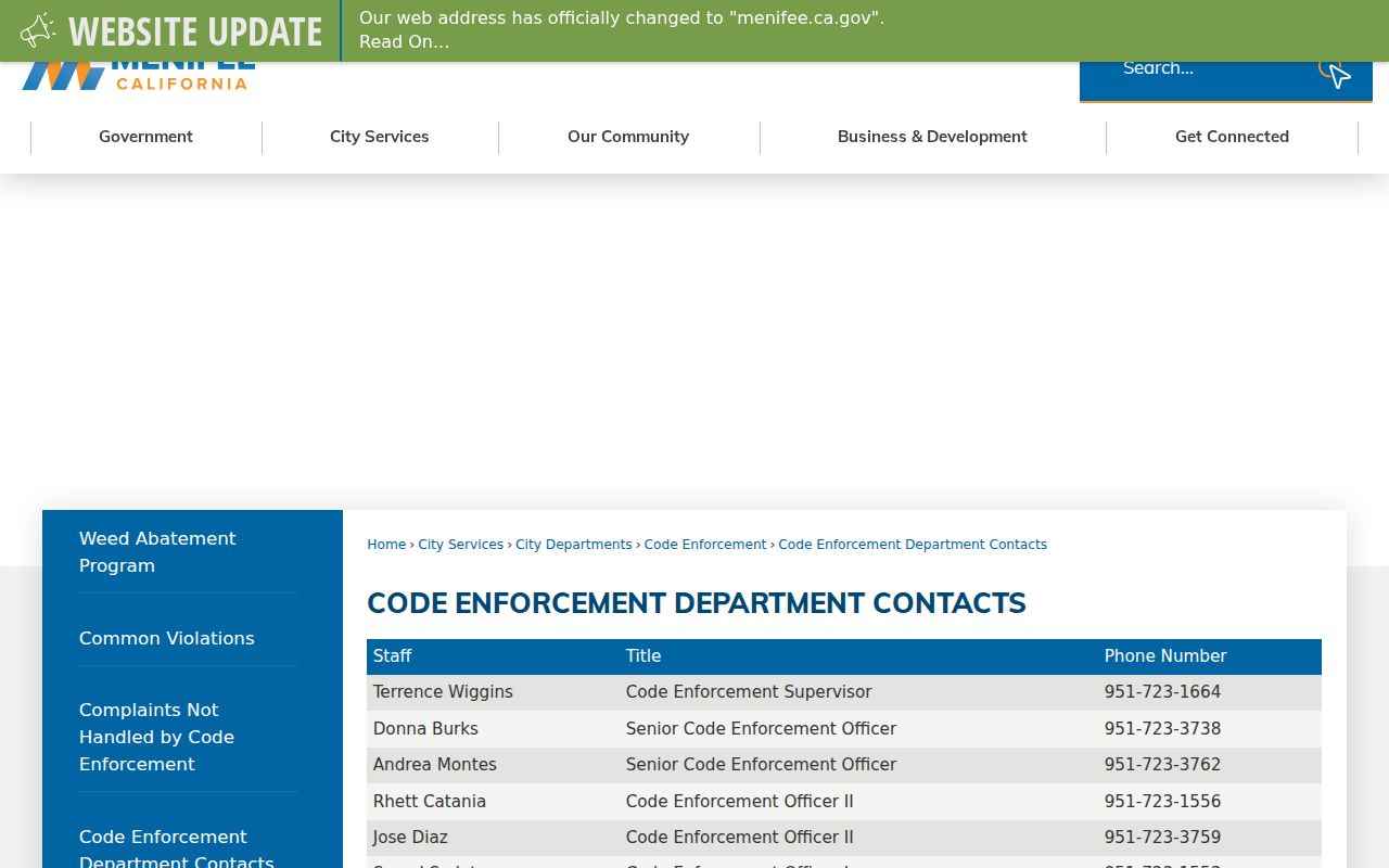 Menifee people directories code enforcement staff listing