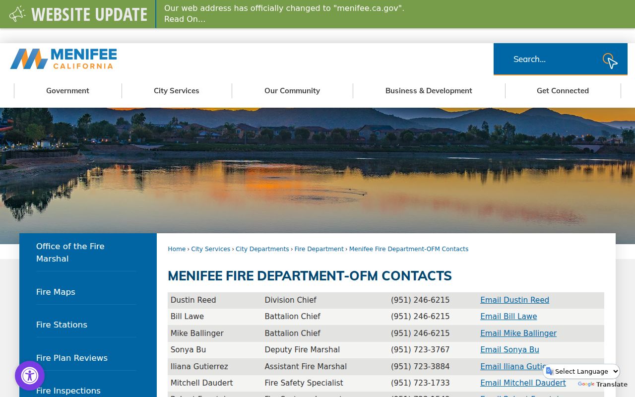 Menifee people directories Fire Marshal staff contacts