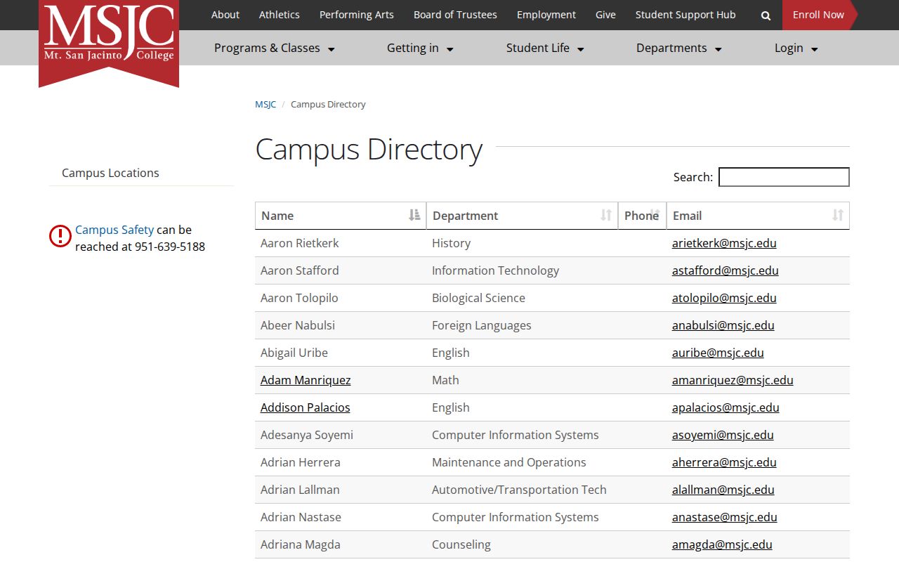 Menifee people directories Mt. San Jacinto College campus listing