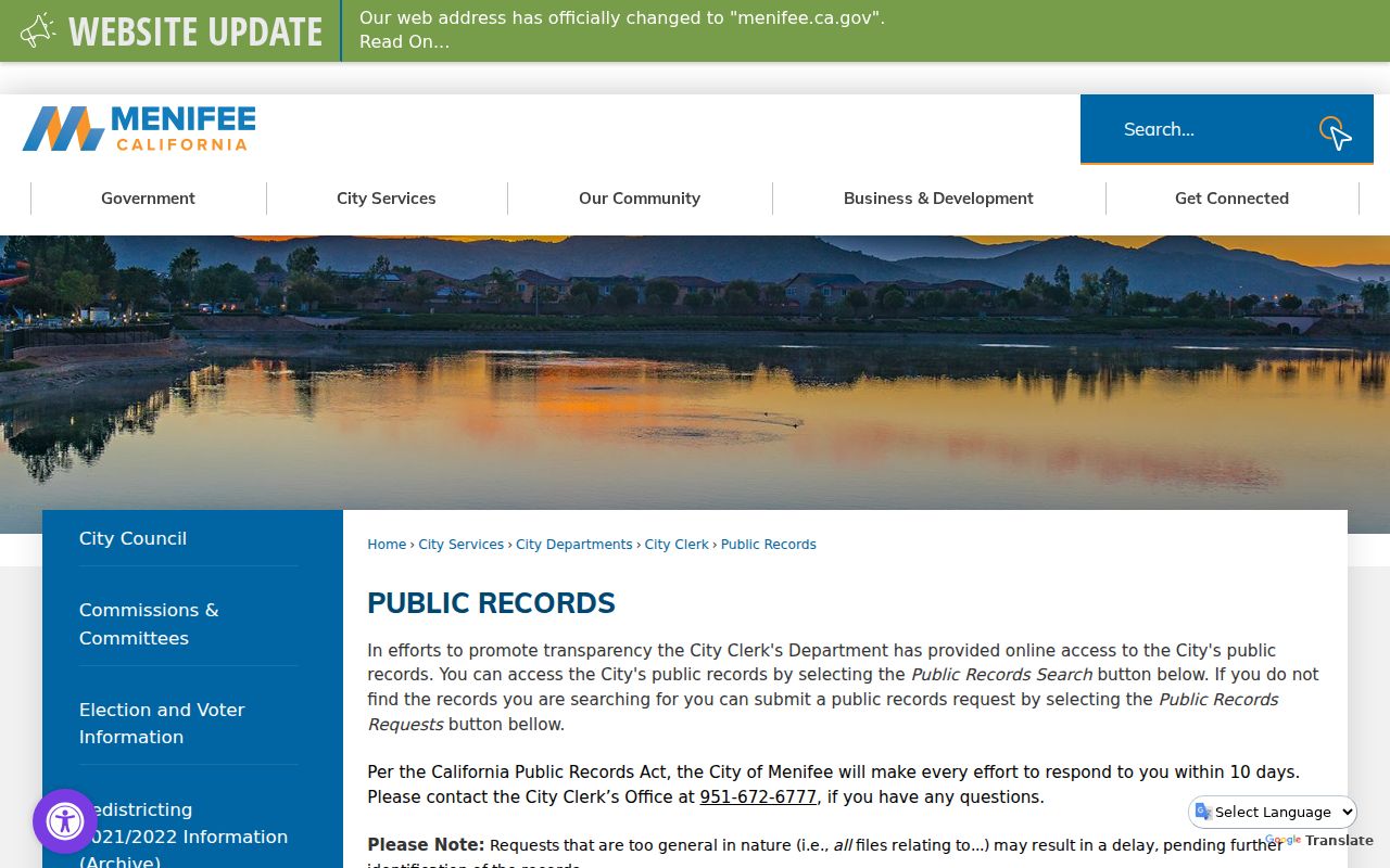 Menifee public records page for City Clerk access