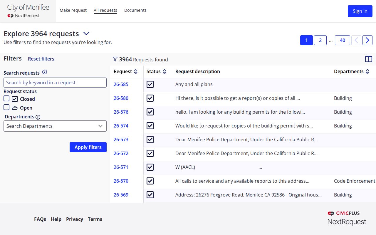 Menifee public records request portal in NextRequest